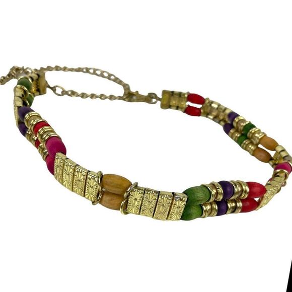 VTG Retro Belt 80s Gold Chain Tiered Wood Rainbow Multicolor Beads Gold Metal main image 16